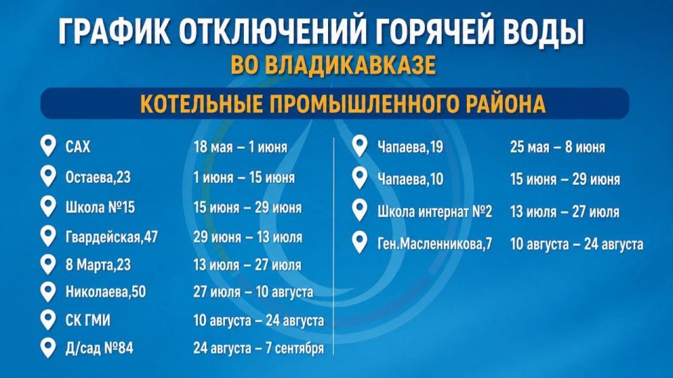 График отключения котельных во Владикавказе для подготовки к отопительному сезону График отключения котельных во Владикавказе для подготовки к отопительному сезону
