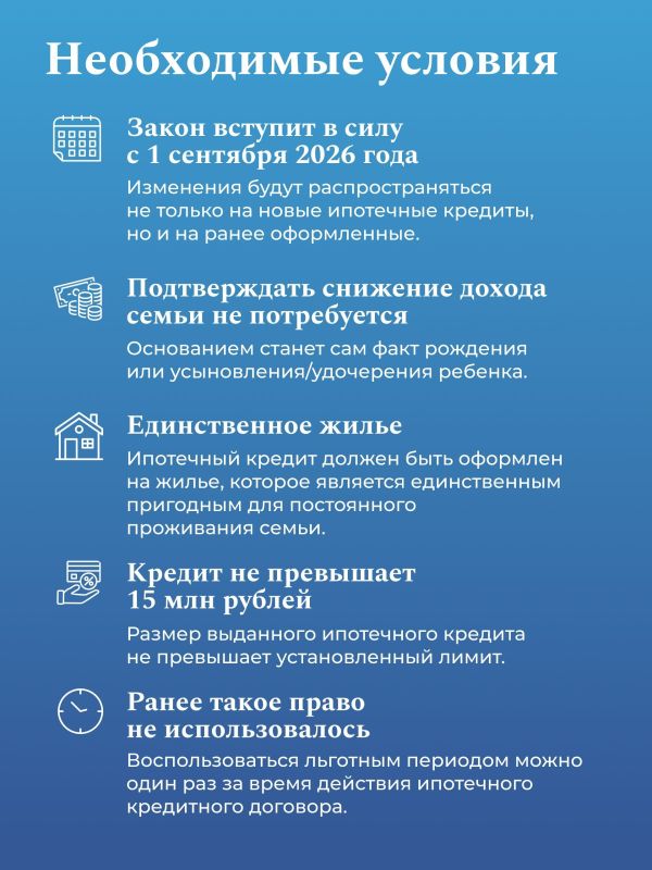 С 1 сентября 2026 года ипотечные каникулы для семей с детьми станут доступнее С 1 сентября 2026 года ипотечные каникулы для семей с детьми станут доступнее