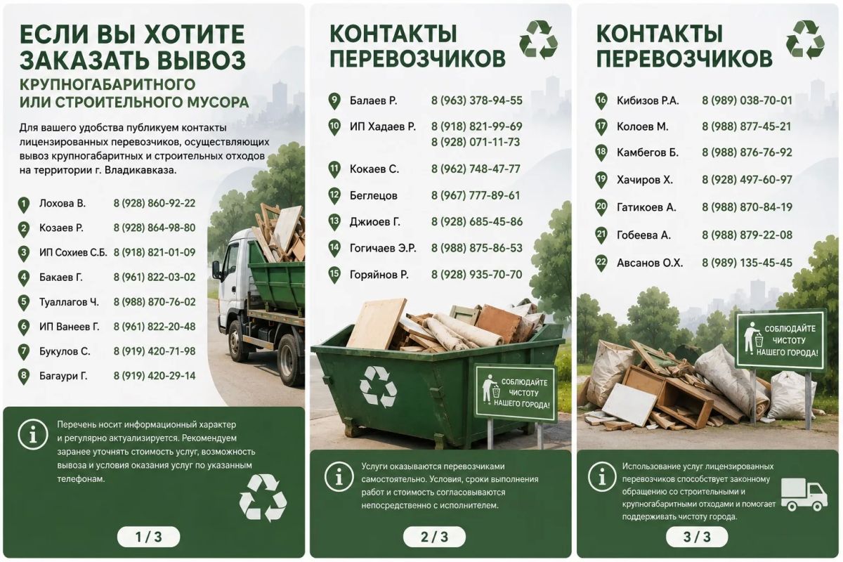Для удобства жителей Владикавказа публикуем контакты лицензированных перевозчиков, оказывающих услуги по вывозу крупногабаритного и строительного мусора